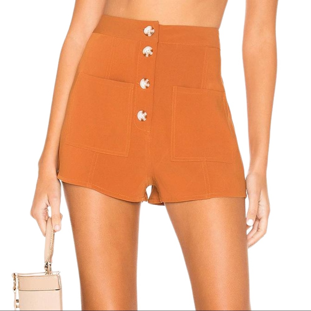 Tularosa Tate Shorts in Rust Burnt Orange High Waist Button Front Silky Shorts - Picture 15 of 15